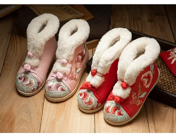 Otrok bombaž dekle je pozimi Plišastih starinsko čevlji Tang čevlji Kitajski slog vezenega Hanfu otroška obutev
