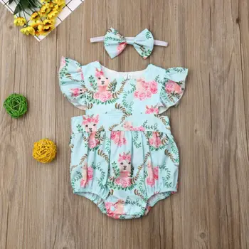 Otroška Oblačila Za Malčke Baby Dekle Cvetlični Obleka Brez Rokavov Jumpsuit Obleke Obleke Glavo Set
