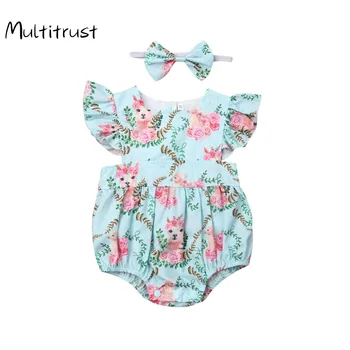 Otroška Oblačila Za Malčke Baby Dekle Cvetlični Obleka Brez Rokavov Jumpsuit Obleke Obleke Glavo Set