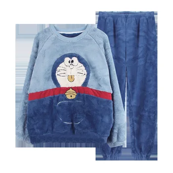 Pari pižame Nastavite Risanka Doraemon Mačka Pozimi Zgostitev pižame ženske Sleepwear Homewear Coral Runo Ljubimec pijamas Plus velikost
