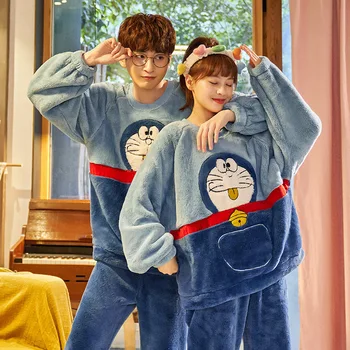 Pari pižame Nastavite Risanka Doraemon Mačka Pozimi Zgostitev pižame ženske Sleepwear Homewear Coral Runo Ljubimec pijamas Plus velikost