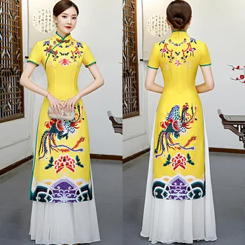 Plus Velikost 3XL 4XL 5XL Kitajske Tradicionalne Ženske Aodai Vezenje Cvet Qipao Letnik Cheongsam Novost Kitajski Formalno Obleko