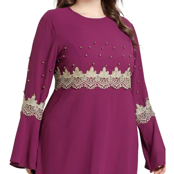 Plus Velikost Abaya Dubaj Caftan Obleka Ženske Poletje Dolg Rokav Beading Čipke Mozaik Priložnostne Obleko Svoboden Prevelik Islamska Oblačila