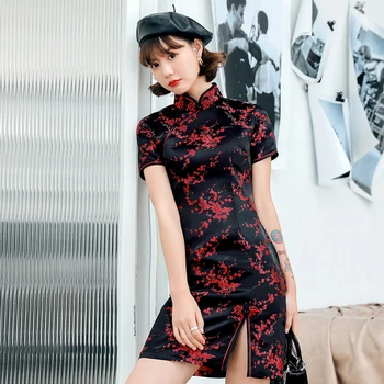 Plus Velikost Letnik Klasična Cheongsam Seksi Mini Slim Ženske Qipao Kitajske Tradicionalne Cvet Vestidos Lepe Saten Kitajska Obleka