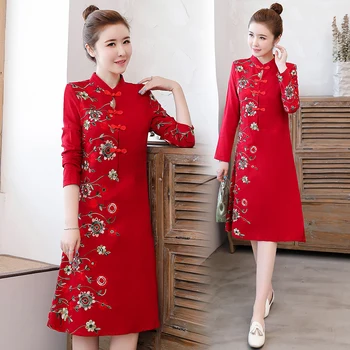 Plus Velikost M-4XL Rdeča, Navy Vezenje Bombaž Letnik Stranka Cheongsam Obleko za Ženske z Dolgimi Rokavi Qipao Tradicionalna Kitajska Oblačila