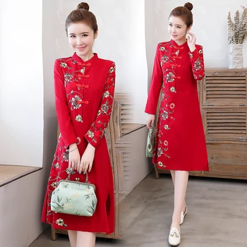 Plus Velikost M-4XL Rdeča, Navy Vezenje Bombaž Letnik Stranka Cheongsam Obleko za Ženske z Dolgimi Rokavi Qipao Tradicionalna Kitajska Oblačila