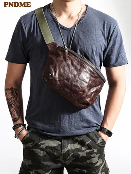 PNDME letnik visoke kakovosti mehko pravega usnja za moške prsi vrečko moda priložnostne cowhide pasu paketi messenger vrečke teens pasu vrečko