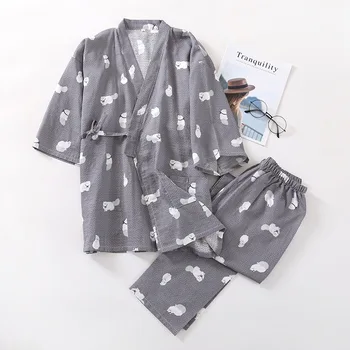Poletje Kimono Hlače Salon Nositi Par Pižamo bo Ustrezala Žensk Bombažne Gaze Tanke Natisnjeni Svoboden Domov Oblačila Pigiama Donna