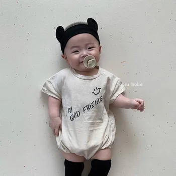 Poletje Kratek Rokav Baby Bodysuit Pismo Natisnjeno Bombaž Trda vezava Creeper Z Prdec Plašč Baby Girl Obleke z Glavo