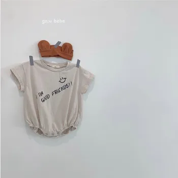 Poletje Kratek Rokav Baby Bodysuit Pismo Natisnjeno Bombaž Trda vezava Creeper Z Prdec Plašč Baby Girl Obleke z Glavo