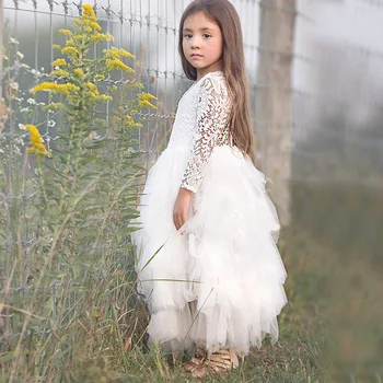 Poletje čipke backless dolge obleke za 3 - 10 let baby dekleta z dolgimi rokavi šifon bela s 3d rose til Večplastna cupcake obleko