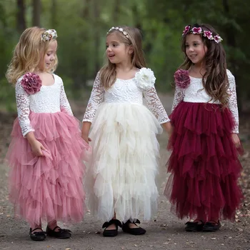 Poletje čipke backless dolge obleke za 3 - 10 let baby dekleta z dolgimi rokavi šifon bela s 3d rose til Večplastna cupcake obleko