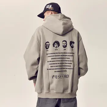Pozimi moška Flis pulover s kapuco Svoboden Portret Print Majica Plima blagovne Znamke Hip Hop High Street Nekaj Vrh
