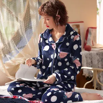 Pozimi Pižamo Nastavite Ženske Toplo Seksi Ženska Čipke Pyjama Tiskanja Plišastih Sleepwear 2019 Flanela Pjs Mama Homewear