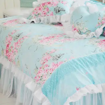 Princeska cvet tiskanja posteljnina nabor Bombaž 4/7pcs Čipke rjuhe kritje bedspread bedsheet ruffle bedclothes posteljo krilo domačega tekstilnega