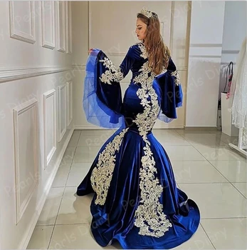 Proti-Vrat Appliques Formalno Prom Oblačenja 2021 Najnovejši Kraljevsko Modra Maroko Tam Kaftan Večerne Obleke Z Dolgimi Rokavi Žamet Muslimanska Stranka Oblek 15147