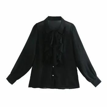 PSEEWE Za Ruffle Black Šifon Bluzo Ženske 2021 Moda Naguban Long Sleeve Zgornji del Ženske Elegantna Lok Vezani Belovrati Gumb-Up Rokavi 1914