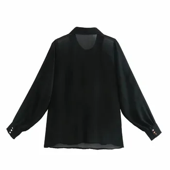 PSEEWE Za Ruffle Black Šifon Bluzo Ženske 2021 Moda Naguban Long Sleeve Zgornji del Ženske Elegantna Lok Vezani Belovrati Gumb-Up Rokavi