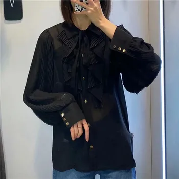 PSEEWE Za Ruffle Black Šifon Bluzo Ženske 2021 Moda Naguban Long Sleeve Zgornji del Ženske Elegantna Lok Vezani Belovrati Gumb-Up Rokavi
