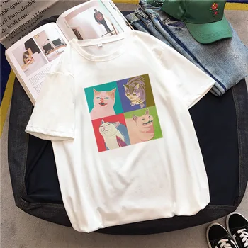 Risanke Mačka Natisnjeni Beli Tee Trendy Modni Humoreska Osebno Ženske Obleke, Casual Smešno Harajuku Slog Priložnostne Svoboden T-shirt