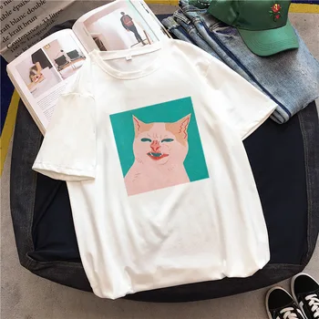 Risanke Mačka Natisnjeni Beli Tee Trendy Modni Humoreska Osebno Ženske Obleke, Casual Smešno Harajuku Slog Priložnostne Svoboden T-shirt