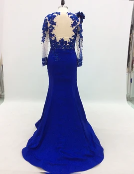 Royal Modra Dolge Rokave morska deklica Večerne Obleke za Ženske Beaded Čipke Appliques Elegantno Formalno Prom Stranka Oblek 6289
