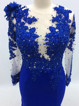 Royal Modra Dolge Rokave morska deklica Večerne Obleke za Ženske Beaded Čipke Appliques Elegantno Formalno Prom Stranka Oblek