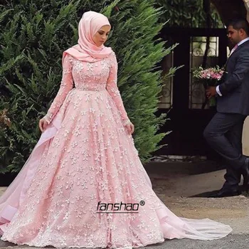 Roza Zamah Vlak Muslimanskih Poročno Obleko, Hidžab Aplicirano Ruffle Plus haljo de mariage Dubaj arabski Poročne Obleke Poročne obleke po Meri