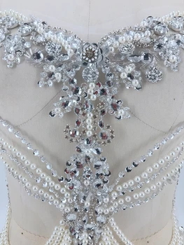 Ročno izdelani srebrni sew na peal Okrasnih aplicirano na belem očesa kristali obliži obrezovanje 38*45 cm za poročno obleko pribor