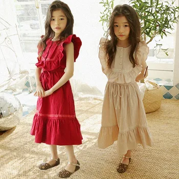 Ruffles Bombaž Maxi Najstniških Dolga Obleka Princess Dekle 2021 Malčka Otroci Obleke Za Dekleta Poletje Venčni Rokav Rdeče Kaki Oblačila