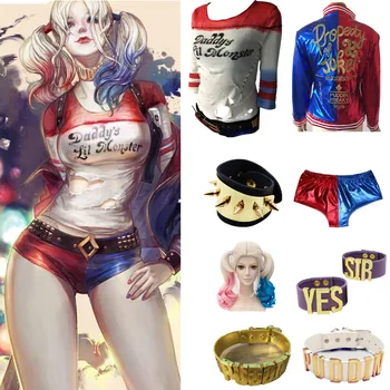 Samomor Moštva Harley Quinn Cosplay Kostum T-shirt Plašč Suknjič Set Pribor Uhani Ovratnik Zapestnica Pasu Rokavice 3525