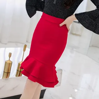 SEXMKL Ženska korejski Svinčnik Krilo 2020 Moda Elegantno Visoko Pasu Ruffle Črno Krilo Urad Seksi Dame Plus Velikost Rdeče Krilo Jupe