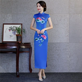 Shanghai Zgodba 2018 Nove Prodajo Cvetlični Cheongsam Qipao Obleko za Ženske Vrh Kakovosti Dolgo Qipao obleko z Oblog Kitajska Obleka