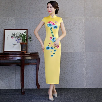 Shanghai Zgodba 2018 Nove Prodajo Cvetlični Cheongsam Qipao Obleko za Ženske Vrh Kakovosti Dolgo Qipao obleko z Oblog Kitajska Obleka
