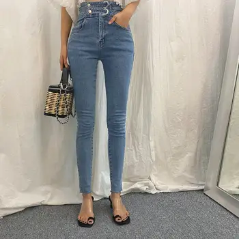 SHIJIA Pomlad Novo Visoko Pasu Jeans Za Ženske Elegantna Denim Svinčnik Skinny Jeans Ulične Ženski Blue Jeans Femme 2021