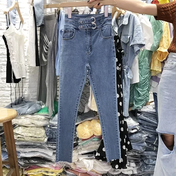 SHIJIA Pomlad Novo Visoko Pasu Jeans Za Ženske Elegantna Denim Svinčnik Skinny Jeans Ulične Ženski Blue Jeans Femme 2021