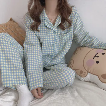 Sleepwear Žensk Bombaž 2020 Poletje Novo korejskem Slogu Klasičnih Preproste Kariran Pižamo Kratka sleeved Hlače Priložnostne Dva-delni Set