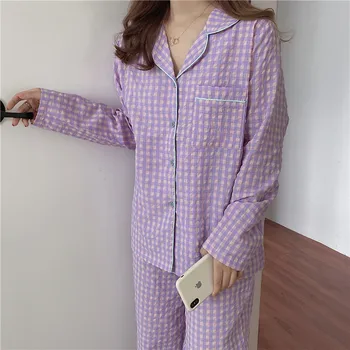 Sleepwear Žensk Bombaž 2020 Poletje Novo korejskem Slogu Klasičnih Preproste Kariran Pižamo Kratka sleeved Hlače Priložnostne Dva-delni Set