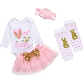 Srčkan Moj 1. Velikonočni Newborn Baby Girl Obleke Vrhovi Bodysuit+ Tutu Krilo Obleke 4PCS 0-18 M