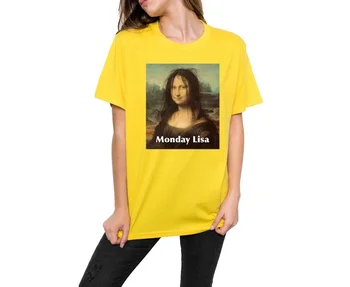 Sunfiz HJN ponedeljek Mona Lisa Lisa Smešno Tiskanja Kratek Rokav Modi Risanka Priložnostne Vrhovi Harajuku Ženske T-Shirt