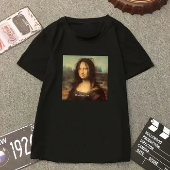 Sunfiz HJN ponedeljek Mona Lisa Lisa Smešno Tiskanja Kratek Rokav Modi Risanka Priložnostne Vrhovi Harajuku Ženske T-Shirt