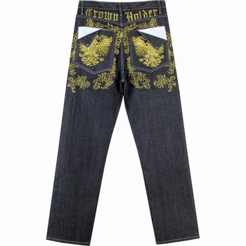 Svoboden vezenje krila naravnost denim Jeans hlače Moške hip-hop kavbojke Moški hip hop ulične dolge kavbojske hlače velikosti 6514