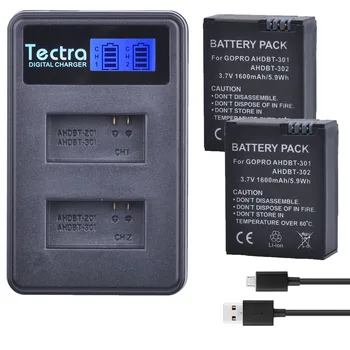 Tectra 2Pcs 3,7 V/1600mAh AHDBT-301 AHDBT 301 Go Pro Hero3 Li-ionska Baterija + LCD USB Dvojni Polnilec za GoPro Hero3 Hero3+ Kamera