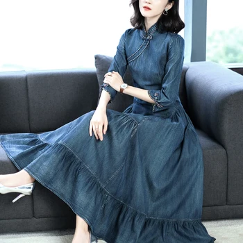 TIYIHAILEY Brezplačna Dostava Moda Plus Velikost XS-3XL Obleka Ženske Dolgo, Sredi tele Mandarin Ovratnik Kitajski Slog Tri Četrtine Obleke