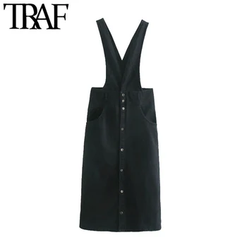 TRAF Ženske Mode Gumb-up Denim Suspender Midi Dress Vintage Backless Strani Žepi Trakov Ženske Obleke Mujer