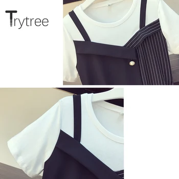 Trytree 2020 Poletje Ženske Priložnostne Obleko Svoboden Ponaredek dveh kosov Mozaika Trak Moda Obleko Mini Pasu Gumb Elegantna Obleka