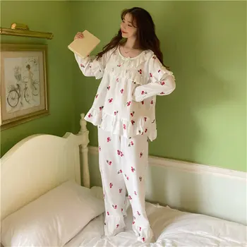 Tujec Kitty Elegantne Ženske Sweet Pižamo Obleke, Dolge Rokave 2020 Novo Jagode Ruffles Moda Sleepwear Svoboden Sveže Dolge Hlače