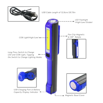 USB Polnilne COB LED Svetilka Delo Svetlobe, Baklo Magnetni Žep Lučka Penlight Prostem Kampiranje Luč Lov 18650 Baterijo