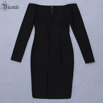 VC Ženske Obleke Za Pomembne Priložnosti Cocktail Obleke Off Black-ramo Gumb Design Povoj Obleko