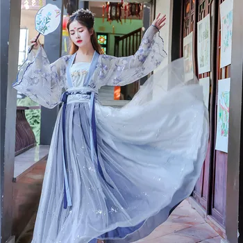 Vezenje Hanfu Ženske, Modro Klasični Ples Kostum Pevka Festival Obleko Pravljice Obleko Rave Uspešnosti Oblačila 3 Kos Set DF1341
